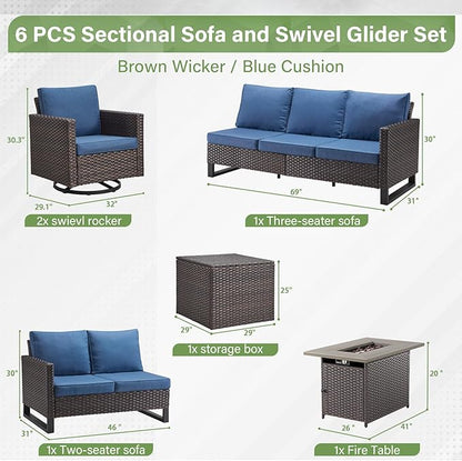 Belord 6-Piece Outdoor Sectional Furniture Set with 41” Fire Pit Table, 5-Seater Patio Furniture Set with Swivel Glider Chairs & Storage Box, 50000 BTU Propane Fire Pit Table, All-Weather PE Wicker