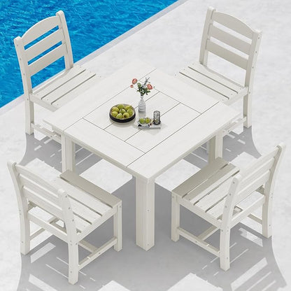 SERWALL Outdoor Dining Set for 4, HDPE Square Table and Chairs Set All Weather Patio Dining Set with 4 Armless Chairs for Patio, White