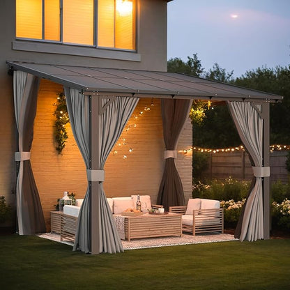 AECOJOY 10' X 8' Gazebo for Patio, Small Wall-Mounted Lean to Gazebo Pergola with Curtains and Netting, 8x10 Hard Top Pergolas and Gazebos on Clearance for Lawn Backyard Garden Deck