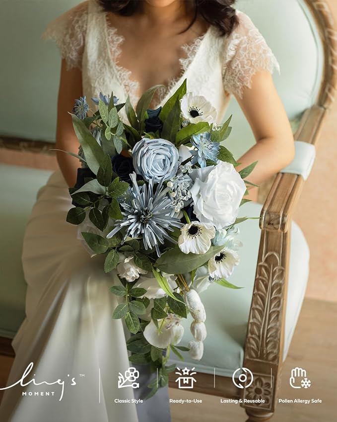 Artificial Flowers Cascade Bridal Bouquet, Dusty Blue Silk with Pearls