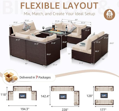 NICESOUL 9 Piece Patio Furniture Conversation Set, Extra Large Size Outdoor Rattan Sectionals with Fire Pit Table Natural Gas & Propane Convertible, 29.3'' High Back 8 Seater Deep Wide Sofa, Espresso