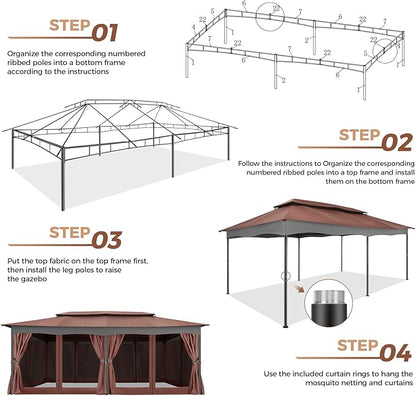COBIZI Gazebo 12x20 Heavy Duty Gazebos with Curtain and Netting Outdoor Gazebo Canopy Double Roof Patio Gazebos with Metal Steel Frame for Patio, Deck, Backyard-Brown