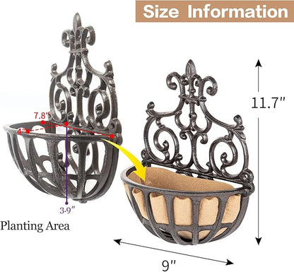 Hanging Planters 2 Pack, Rustic Brown Cast Iron Wall Baskets