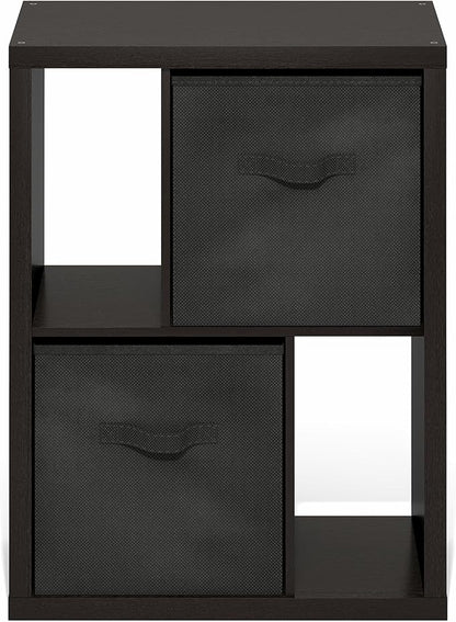 Furinno Viola Storage Shelf, 4-Tier Storage Rack with Bins, Book Shelf, Bookshelf, Display Rack with Drawer Bins, Extra Thick Frame, for Organization, Living Room, Home Office, Black Dark Oak