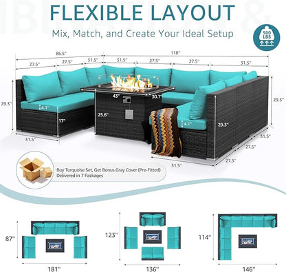 NICESOUL Extra Large 9 Piece Patio Furniture Set with Fire Pit Table Natural Gas & Propane, 29.3'' High Back Rattan Outdoor Conversations, 8 Seater Modular Sofa Set, 2 Color Cushions Turquoise & Gray