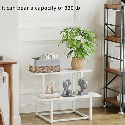 Metal Plant Stand Indoor, Outdoor Iron Plant Shelf, Heavy Duty Slatted Display Shelf for Patio Balcony Garden Living Room Load Bearing 330 LB 26" L x 20.2" H x 17.7" W 2 Tier White