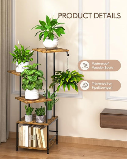 Plant Stand Indoor, 5-Tier Tall Plant Stand Indoor, Metal Plant Shelf with Hanging Basket Hook, Ideal Corner Plant Table for Living Room, Balcony, Garden, Patio (Brown)