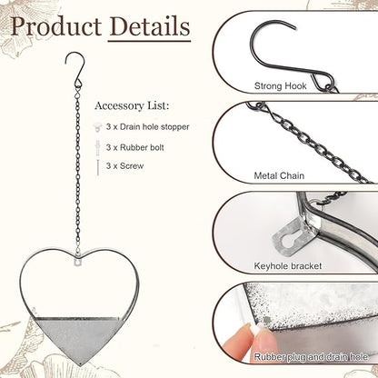 3 Pcs 3 Size Heart Metal Hanging Planter Indoor Outdoor, 13.4" 10.6" 7" Large Metal Plant Hangers Vintage Flower Pot with Hook Chain Drain Hole Gift for Gardener Women Mom Home Decor(Silver)