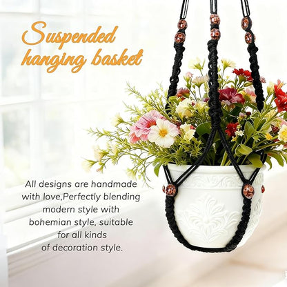 35 Inch Macrame Plant Hanger, Large for up to 15 Inch Pot Extra Long Hanging Planter Holder Basket with Wood Beads for Indoor Outdoor Home Decor (Black, 2-Pack)