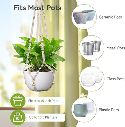 USLAI Macrame Plant Hanger Indoor Outdoor, Fits 4 to 15 Inch Pots, Strong Hanging Planter Holder, Boho Home Decor, 35 Inch, Ivory, Set of 2 (POTS NOT Included)