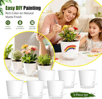 Plant Pots 5 Inch Self Watering Pots,6 Pack Plastic Planters with Drainage Holes and Clear Saucers,Plastic Flower Pots,Nursery Planting Pot for Indoor Out Door Plants (White)