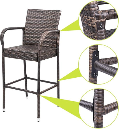 Homall Patio Bar Stools Wicker Barstools Indoor Outdoor Bar Stool Patio Furniture with Footrest and Armrest for Garden Pool Lawn Backyard Set of 2 (Brown)