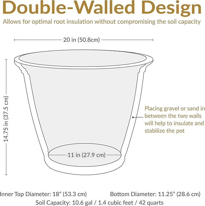 Sunnydaze 20-Inch Franklin Large Plant Pot - Polyresin Round Outdoor Planter with Drillable Drainage Hole - Sable
