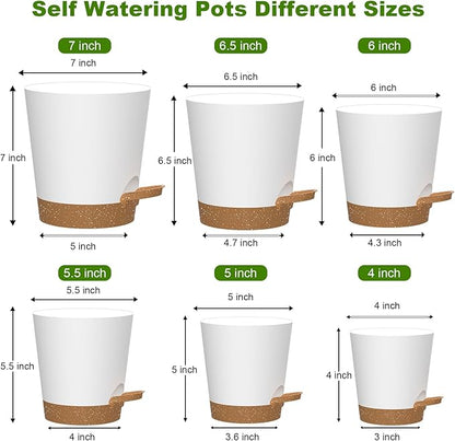 Self Watering Pots, 7/6.5/6/5.5/5/4 inch Flower Pots with Multi Mesh Drainage Holes, Small Platic Planters for Indoor Outdoor Garden Plants and Flowers (Whtie with Brown Tray, 7"+6.5"+6"+5.5"+5"+4")