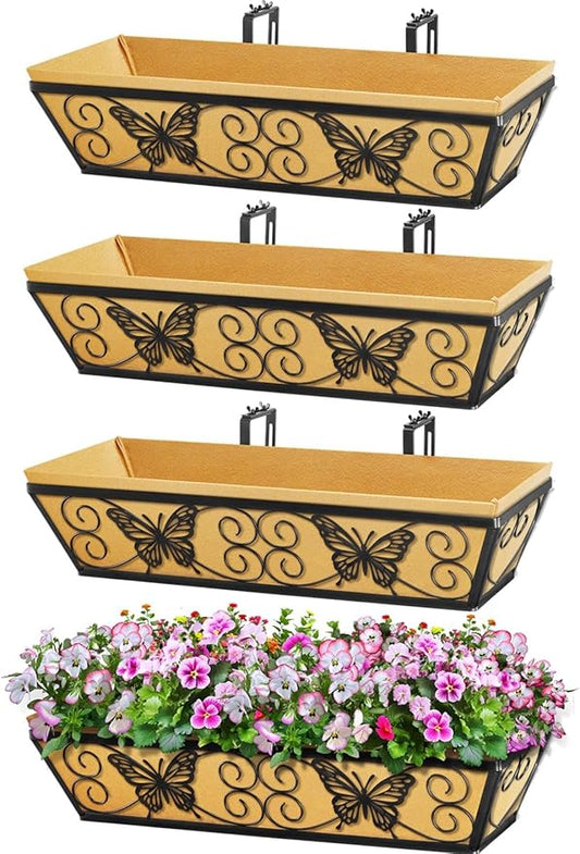 4 Pack 24 Inch Window Boxes Planters Railing Planter Box with Adjustable Brackets for Porch Fence Patio Balcony Hanging Flower Baskets with Woven Fabric for Outdoor Garden Decor - Black