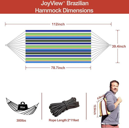 JoyView Brazilian Hammock for Single Person Portable Hammock with Hanging Ropes & Carry Bag Large 78.8x39.4” for Patio 300LBS Capacity Perfect for Outdoor/Indoor - Blue & Green Stripes