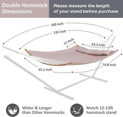 SUNCREAT 13.8 FT Hammocks Quilted Fabric Double Hammock with Detachable Curved Bamboo Spreader Bar and Soft Pillow, Max 450 lbs Capacity, Tan