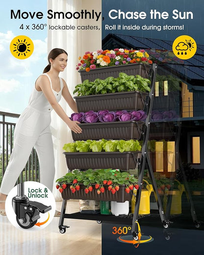 5-Tier Vertical Garden Bed Planter Boxes with Wheels, Drainage System & Storage Space, Mobile Vertical Garden Planter with 5 S-Hooks for Plants Vegetables Flowers Herbs in Garden Patio Yard