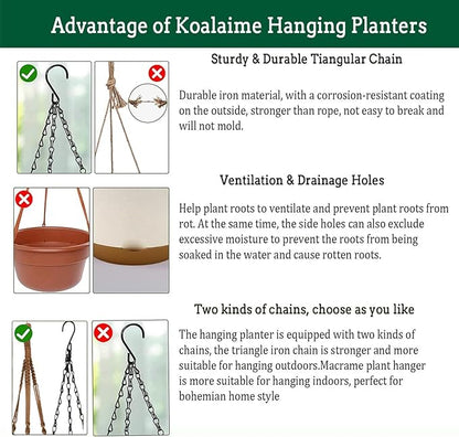 2 Pack Hanging Planters Set,10 Inch Indoor Outdoor Hanging Plant Pot Basket,Hanging Flower Pot with Drainage Hole with 3 Hooks for Garden Home(Caramel Hanger White Planters)