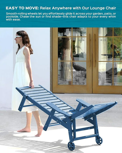 Ciokea Lounge Chair Outdoor, Oversized Chaise Lounge Chair with 5 Positions, HDPE, Patio Lounge Chair with Wheels & Cup Holder for Pool, Deck, Poolside, Azure Blue