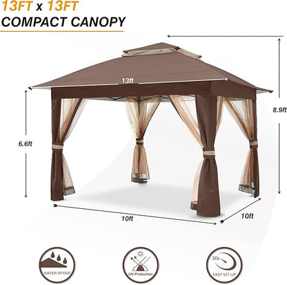COOSHADE 13x13 Pop Up Gazebo Tent Outdoor Canopy Patio Shelter with Mosquito Netting(Brown)