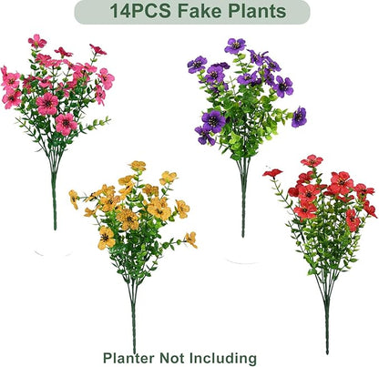 Artificial Flowers for Outdoor, UV Resistant Fake Silk Flowers, Realistic Faux Plants for Outside Indoor Porch Patio Window Box Planter Home Decor (14, Yellow Purple Rosy Red)