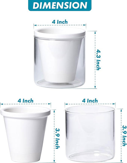 D'vine Dev 4 Inch Design Self Watering Planter for Indoor Plants, White Terracotta Pots with Cylinder Glass Cup, 37-X-A-2