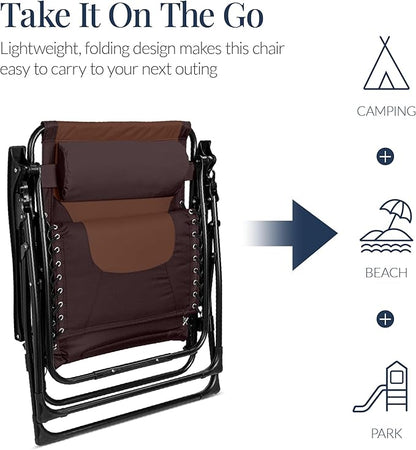 Best Choice Products Oversized Padded Zero Gravity Chair, Folding Outdoor Patio Recliner, XL Anti Gravity Lounger for Backyard w/Headrest, Cup Holder, Side Tray, Polyester Mesh - Espresso/Brown