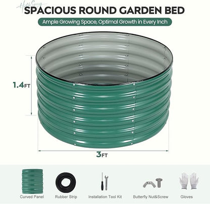 ZORMY Galvanized Raised Garden Bed Outdoor, Round Metal Planter Boxes 2 Pcs, 3x3x1.4ft Steel Raised Bed Kit for Planting Vegetables, Fruits, Flowers(LotusGreen)