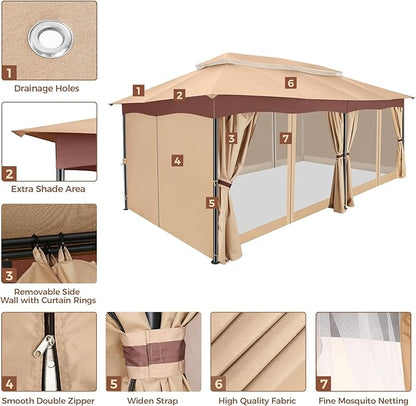 COBIZI Gazebo 12x20 Heavy Duty Gazebos with Curtain and Netting Outdoor Gazebo Canopy Double Roof Patio Gazebos with Metal Steel Frame for Patio, Deck, Backyard-Khaki
