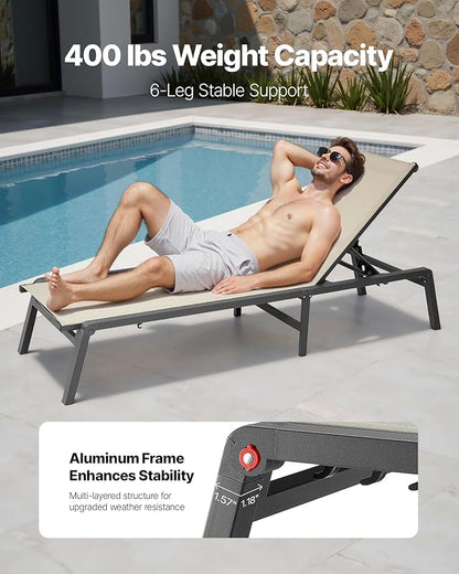 VEVOR Outdoor Chaise Lounge Chair Set of 2, 400 lbs Weight Capacity, Foldable Sun Tanning Chair, 5 Adjustable Positions, Easy Assembly, Aluminum Pool Recliner Lounge Chairs, for Beach Yard Patio