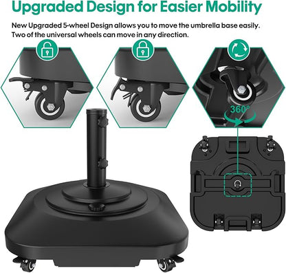 Umbrella Base with 5 Wheels, Upgraded 145lb Umbrella Stand Base, Heavy Duty & Windproof, Fillable Umbrella Base Mobile Umbrella Outdoor for Patio, Deck, Poolside, Lawn, Fits Most Sized Umbrellas