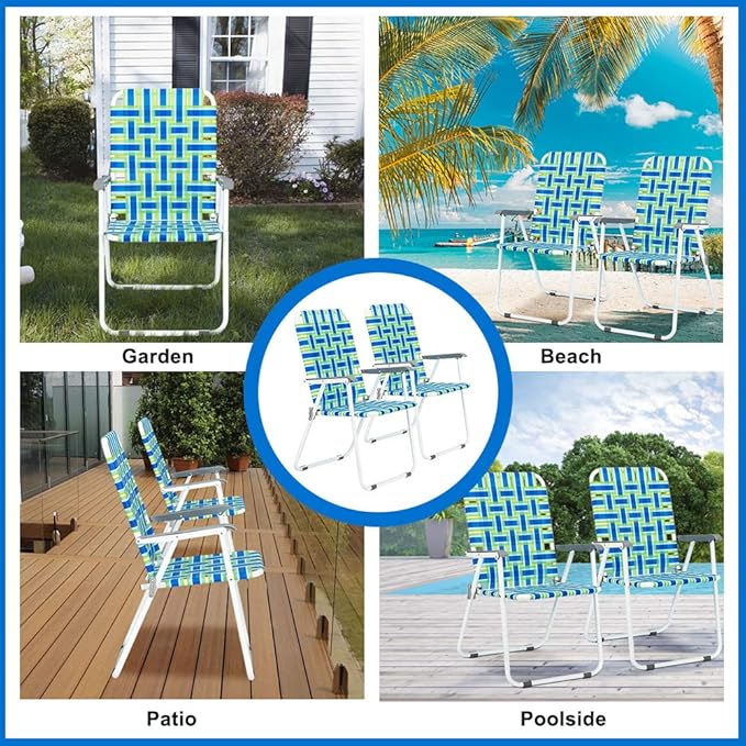 Folding Lawn Chairs, Set of 2, Blue Webbed Design with Metal Frame