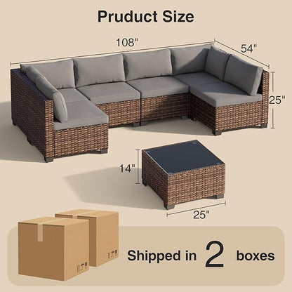 7 Pieces Patio Furniture Set, Outdoor Sectional Rattan Sofa Set, Wicker Patio Conversation Set with Cushions and Glass Coffee Table, for Balcony, Porch, Garden, Grey