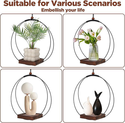 2 Pack Hanging Planters for Indoor Outdoor Plants, 12 Inch Sturdy Wood Base Metal Plant Hanger Modern Boho Minimalist Flower Pot Holder Basket Wall Ceiling Window Stands Home Wall Decor