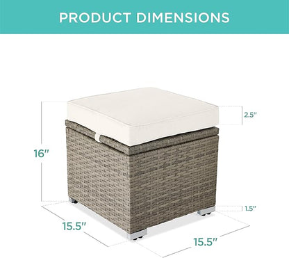 Best Choice Products Set of 2 Wicker Ottomans, Multipurpose Outdoor Furniture for Patio, Backyard, Additional Seating, Footrest, Side Table w/Storage, Removable Cushions - White Sand/Taupe