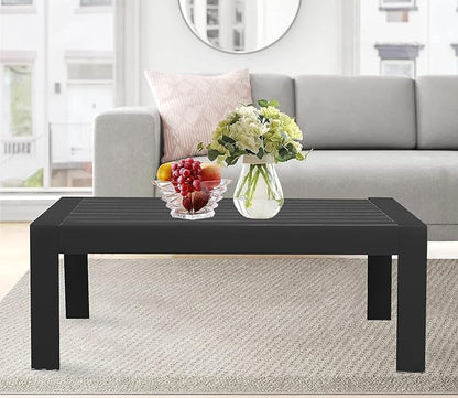 All-Weather Aluminum Outdoor Coffee Table, Modern Coffee Table for Outside, Rectangle Patio Coffee Table for Balcony Garden, Black