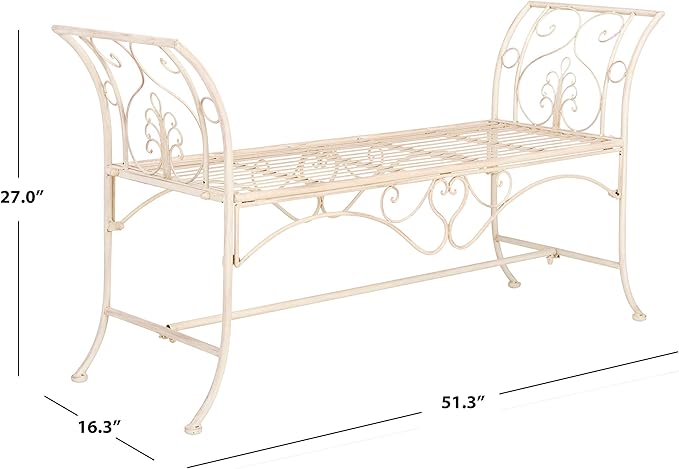 Safavieh PAT5016A Collection Arona Antique White Wrought Iron 51" Outdoor Garden Bench
