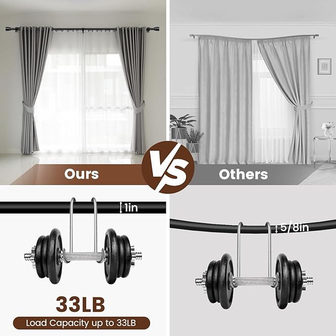 1” Diameter Matte Black Curtain Rod Itself is 30-90 Inch 2 Pack, Fit 30 to 84 Inch Windows with Heavy Duty Adjustable Telescopic Rod，Splicing Metal Extra Long Curtain Rods for Windows