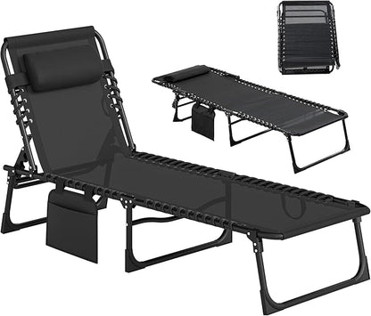 Outsunny Chaise Lounge Chair Outdoor, 5-Position Adjustable Sun Tanning Chair with Carrying Handle and Side Pocket, Folding Bed Cot with Removable Pillow for Garden, Beach, Patio, Pool, Camp, Black