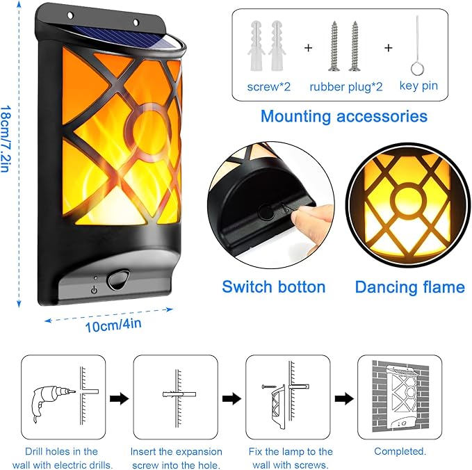 Wall Lights, Black Solar Flame Lantern with Dancing LED Flames