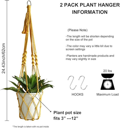 Artilady Boho Macrame Plant Hangers - Handmade Hemp Rope Hanging Baskets for Plants with Ceiling Hooks, Bohemian Home Decor Wall Art (Ginger-Yellow-2pcs)