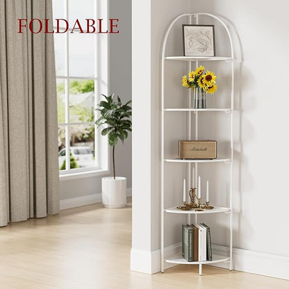 Crofy Foldable 5 Tier Corner Shelf, Metal Corner Plant Stand with White Frame and White Shelves, Corner Display Rack Multipurpose Shelving Unit for Living Room, Bedroom, Bathroom