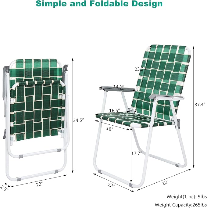 Folding Lawn Chairs, Set of 4, Dark Green Metal Frame