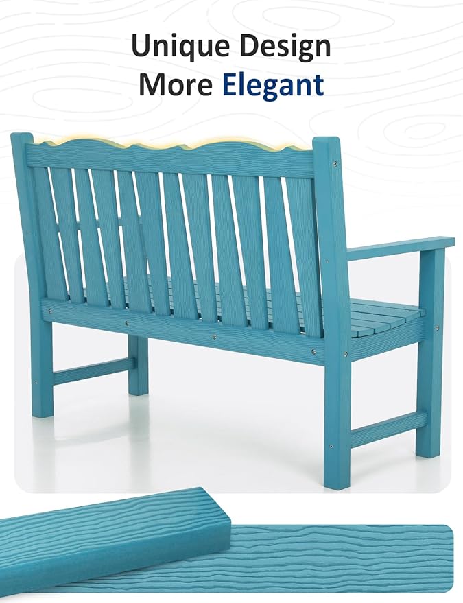 Outdoor Bench, Lake Blue HIPS Poly Lumber, 800 lb Capacity