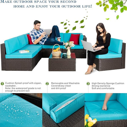 Vongrasig 7 Pieces Patio Furniture Sets, Outdoor All-Weather Wicker Patio Conversation Sets, L-Shaped Rattan Sectional Patio Sofa with Glass Table for Backyard, Blue