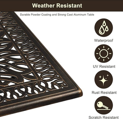 VINGLI 5 Pieces Outdoor Patio Dining Set, Cast Aluminium Patio Furniture Set with 4 Chairs and 1 Umbrella Table for Yard, Garden, Porch and Poolside, Bronze