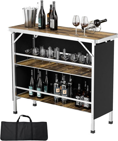 VINGLI 43" Portable Bar Table with Pole, 3-Tier Shelves, Mobile Bar Table for Events, Party, Camping, Picnic, Tradeshow, Indoor with Black Skirt