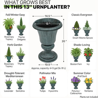 Magshion 20" Urn Planters for Outdoor Plants, Large Decorative Front Porch Planters Set of 2, Weatherproof Tall Plastic Flower Pots for Garden, Patio & Entryway Décor, Antique Green
