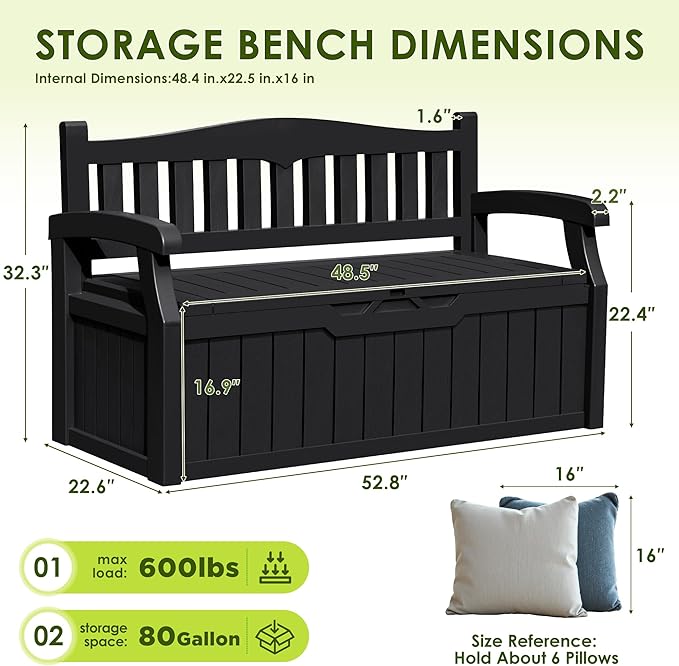 Bench with 80-Gallon Hidden Storage, Resin Build, Dark Black